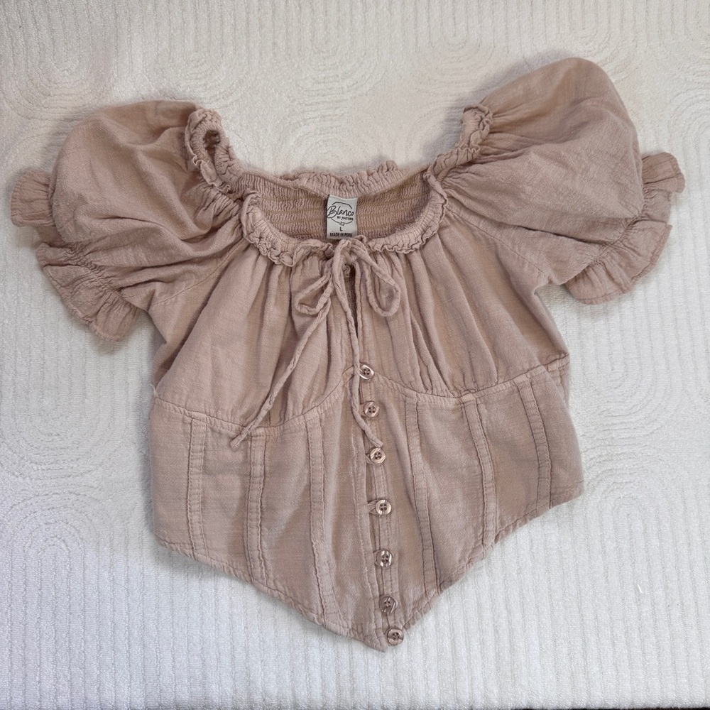 Blanco by Nature Cotton cropped top neutral Peasant Blouse bustier style puff